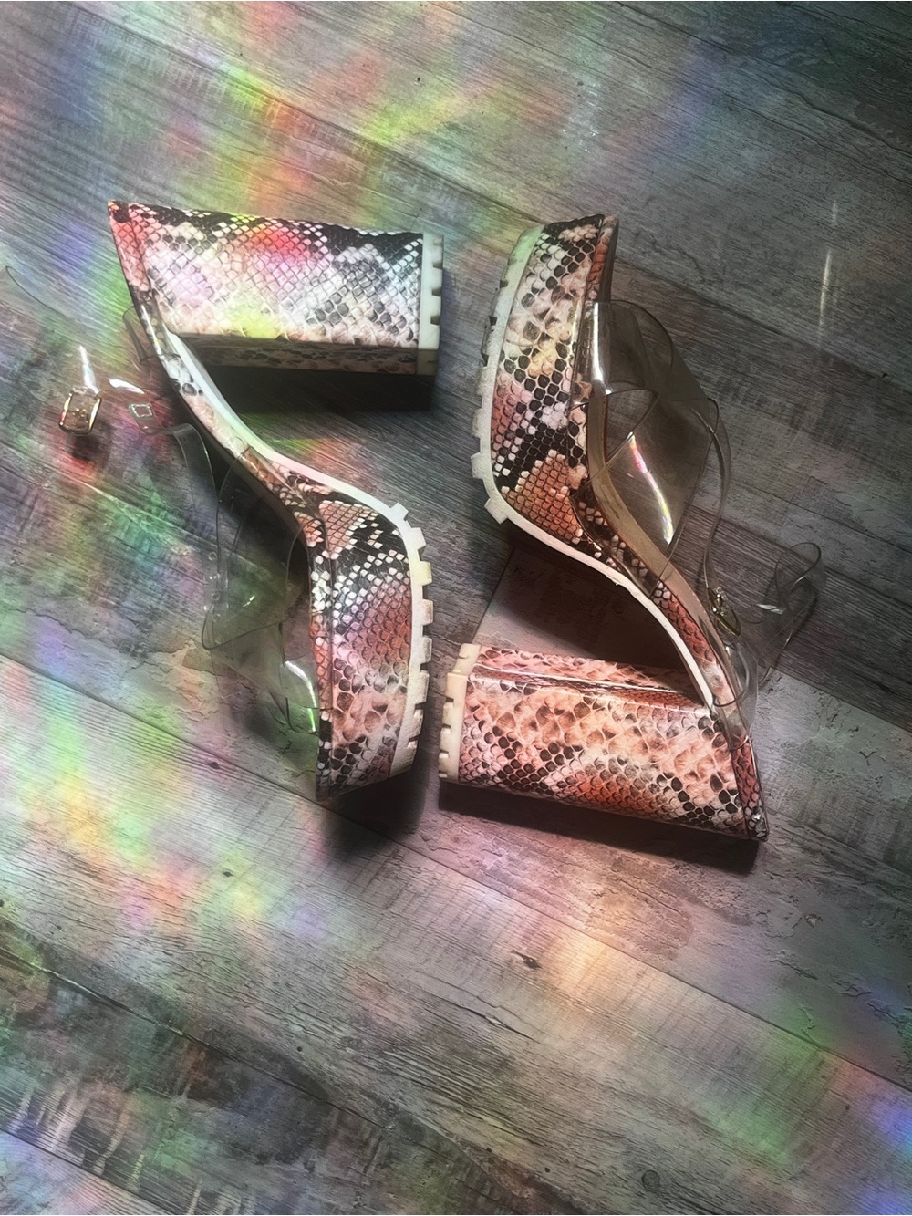 Qupid Pink-Beige Snake Print Clear Strap Block Heels